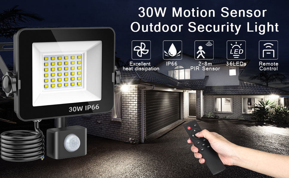 Text reads '30W Motion Sensor Outdoor Security Light'. White rectangular LED floodlight with motion sensor mounted on dark exterior wall, shown illuminating nighttime driveway with hand-held remote control visible.