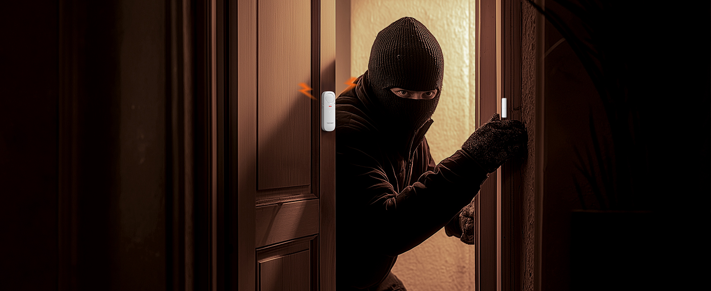 Door sensor device mounted on a doorframe, with a shadowy figure in dark clothing attempting to open the door from outside.