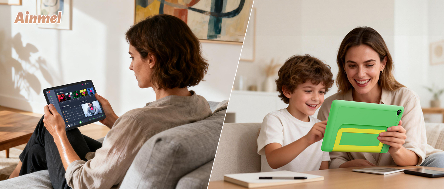 Multiple people shown using tablets and digital devices in educational or learning settings, depicting various scenarios of digital learning engagement.