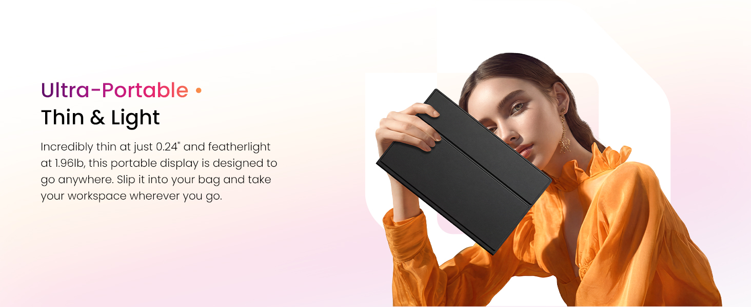 Text reads 'Ultra-Portable - Thin & Light.' Person wearing yellow/gold jacket holding black slim device or bag against pink background with  text below.