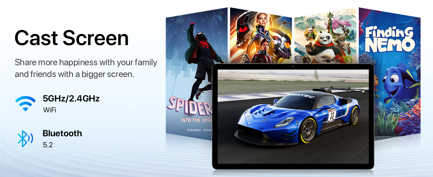Cast Screen device advertisement showing tablet display with movie posters, sports car image, and wireless connectivity icons.