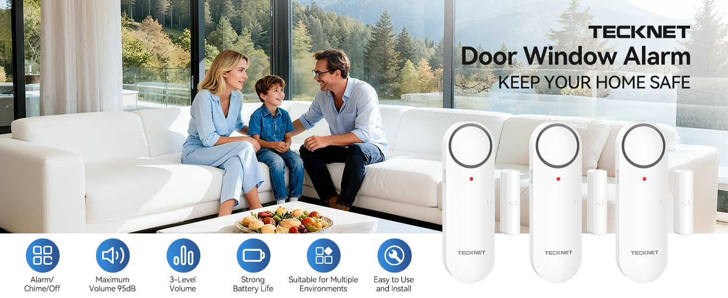 Marketing display showing smart home security features, including door and window sensors with interface controls and status indicators.