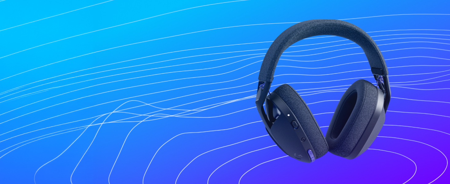 Black wireless headphones against a blue and purple gradient background with rippling circular lines creating a dynamic visual effect.