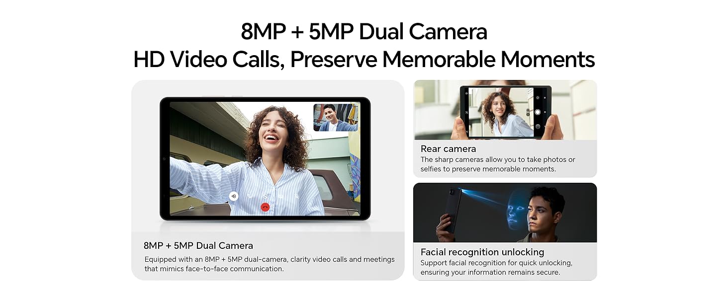 Text reads: '8MP + 5MP Dual Camera', 'HD Video Calls, Preserve Memorable Moments'. Marketing images showing tablet device being used for video calls and photography.