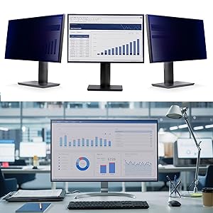 Professional computer monitor display shown from multiple angles. Features slim bezels, adjustable stand, and dark finish.