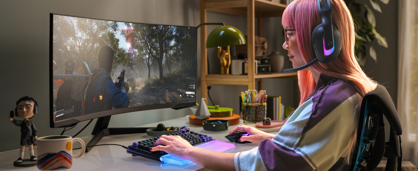 Multiple connected images showing people engaged with computer setups in dimly lit rooms, featuring gaming or workstation environments.