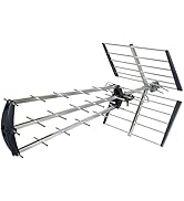 Outdoor TV antenna with multiple directional elements arranged in a horizontal array, mounted on a metal pole. Features UHF/VHF reception capability with multiple signal directors.