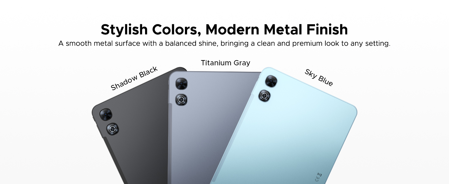 Text reads 'Stylish Colors, Modern Metal Finish' and 'A proudly metal accent to a proudly slim design. A Metal Masterpiece in any setting.' Three smartphones displayed in black, blue, and light blue finishes showing rear camera design.