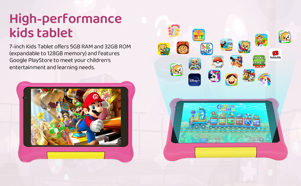 Text reads 'Access to thousands of translated contents' and 'Suitable for children of all ages'. Interface showing educational app with colorful icons and navigation menu displaying learning, playing, reading, and entertainment options.