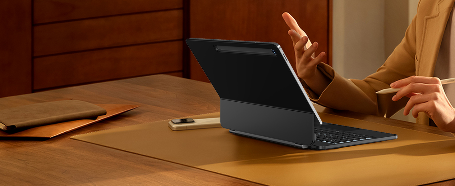 Close-up product demonstration images showing hands using what appears to be a charging or electronic device on a wooden surface.