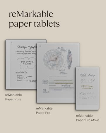 Text reads 'reMarkable paper tablets' with 'reMarkable Paper Pro', 'reMarkable', and 'reMarkable Paper Pro Max' labels. Three tablet devices shown with sketches and handwritten notes displayed on screens.