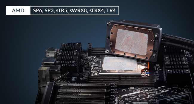 Text reads 'CPU Temperature AMD Threadripper Pro 7995WX - 450W Full Speed'. Bar graph showing temperature comparisons for liquid freezer variants ranging from 58.4 to 60.2 degrees Celsius.