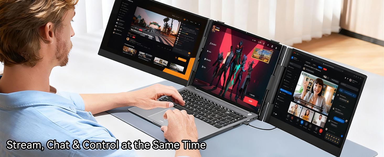 Text reads 'Stream 4K Streamed on the Studio Tier'. Person viewing multiple video editing timelines and colorful visual content on laptop screen displays.