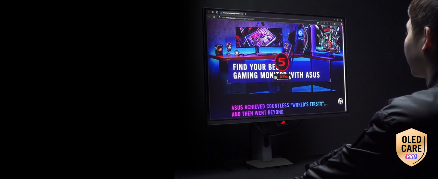 Gaming setup with multiple screens displaying vibrant blue interface elements and game visuals in a dark environment.