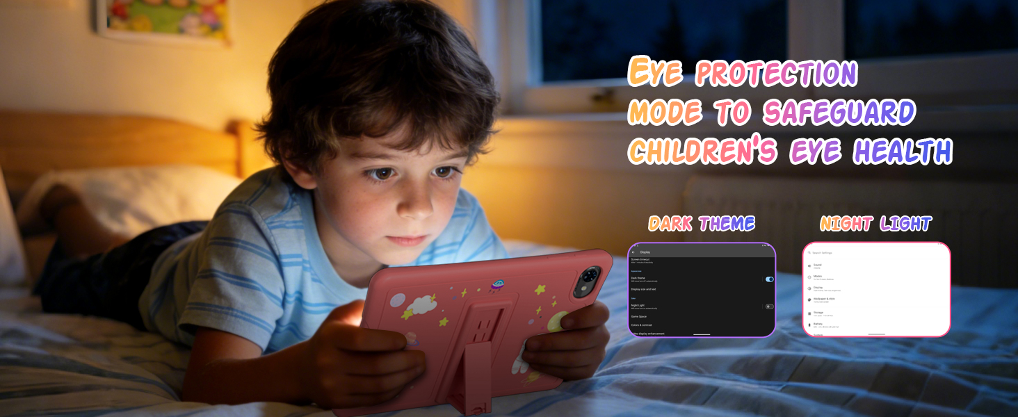 Child using tablet device in dark room with warm lighting. Text overlay in non-Latin script appears in upper right corner with partial English phrase visible.