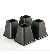 Set of four black plastic bed or furniture risers with square tops and tapered trapezoid shape. Each riser features a textured surface finish.