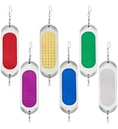 Collection of fishing lure accessories showing multiple colored discs in red, yellow, green, purple, blue, and white, arranged in a horizontal display with metal attachments.