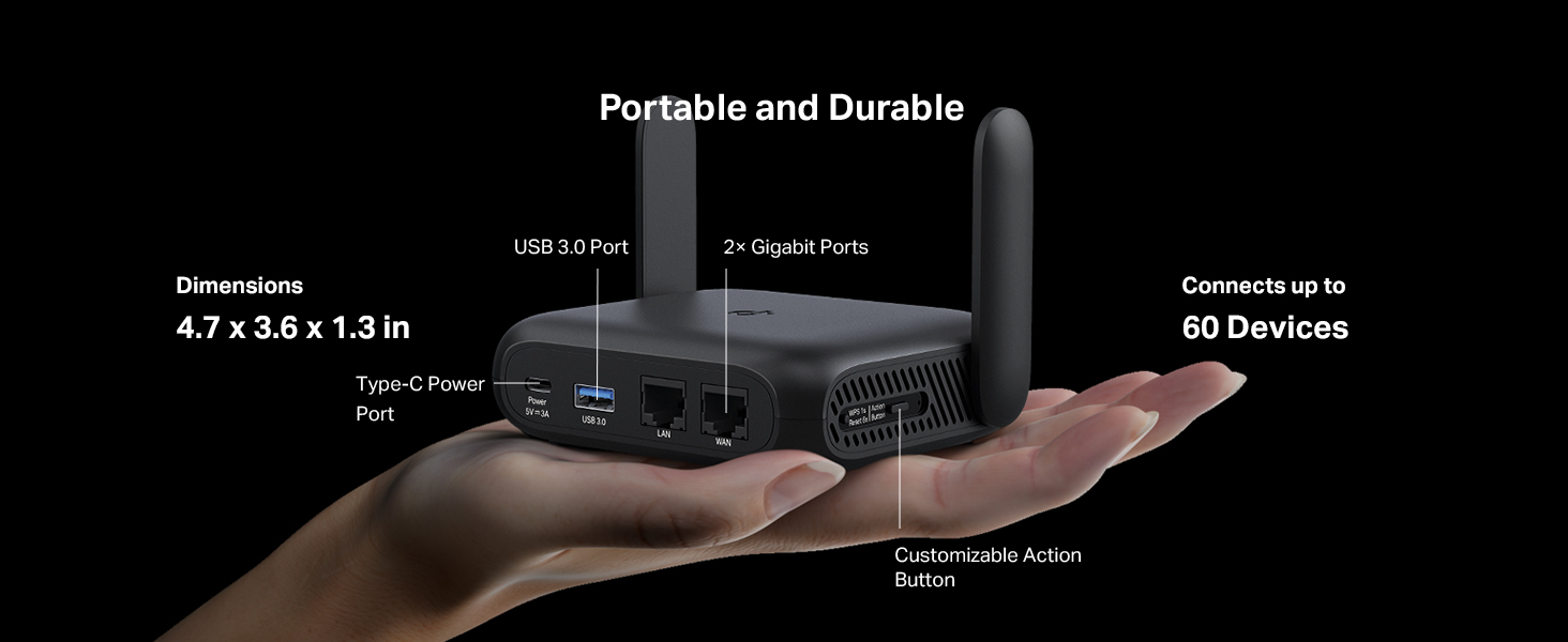Text reads 'Portable and Durable' with dimensions '4.7 x 2.5 x 1.3 in'. Technical diagram showing device specifications and measurements in dark theme presentation.