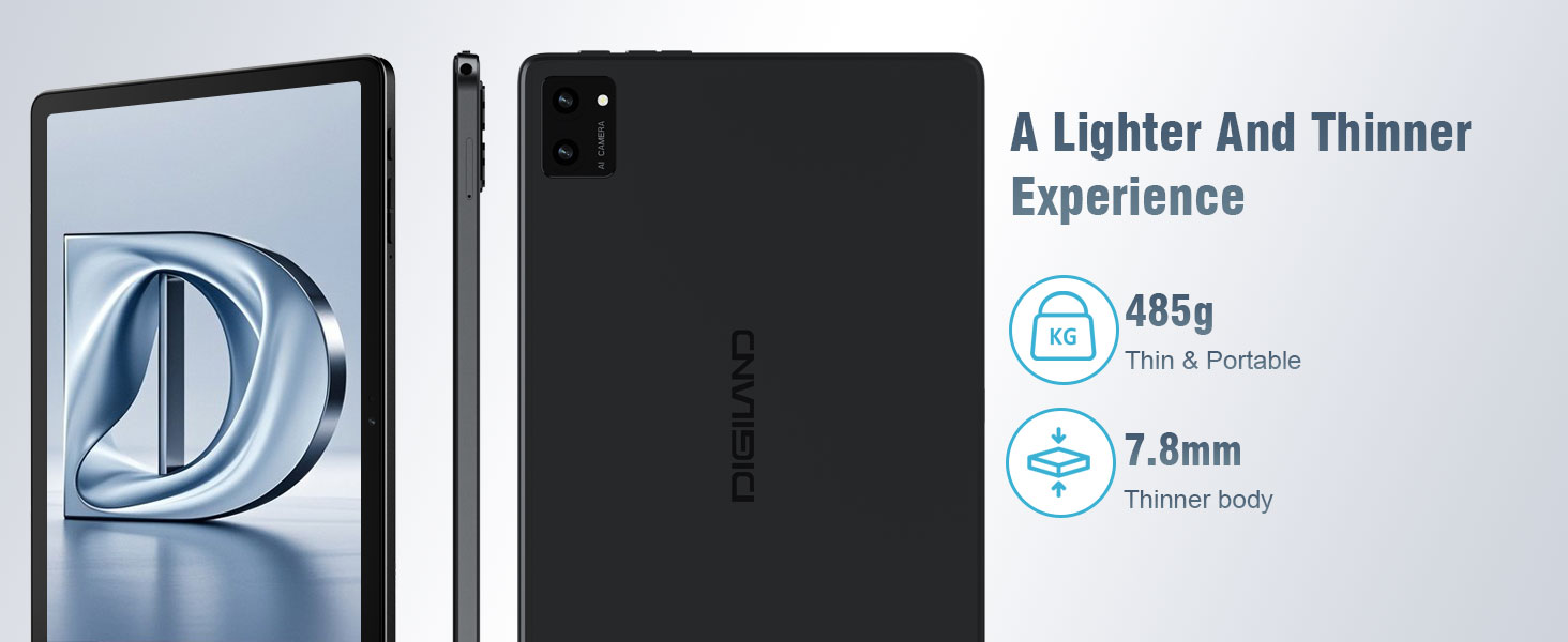Text reads 'A Lighter And Thinner Experience' with '485g' and '7.5mm'. Multiple views of a slim black tablet device showing front, back and side profiles.