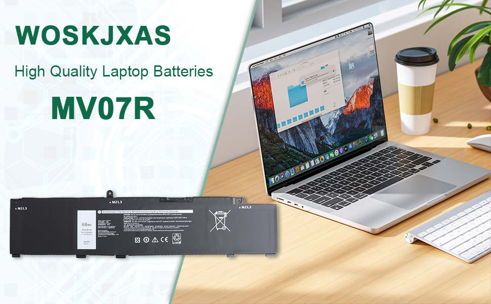 Text reads 'WOSKJXAS MV07R' and 'High Quality Laptop Batteries'. Multiple images of laptop battery components and installation process on desk setting.