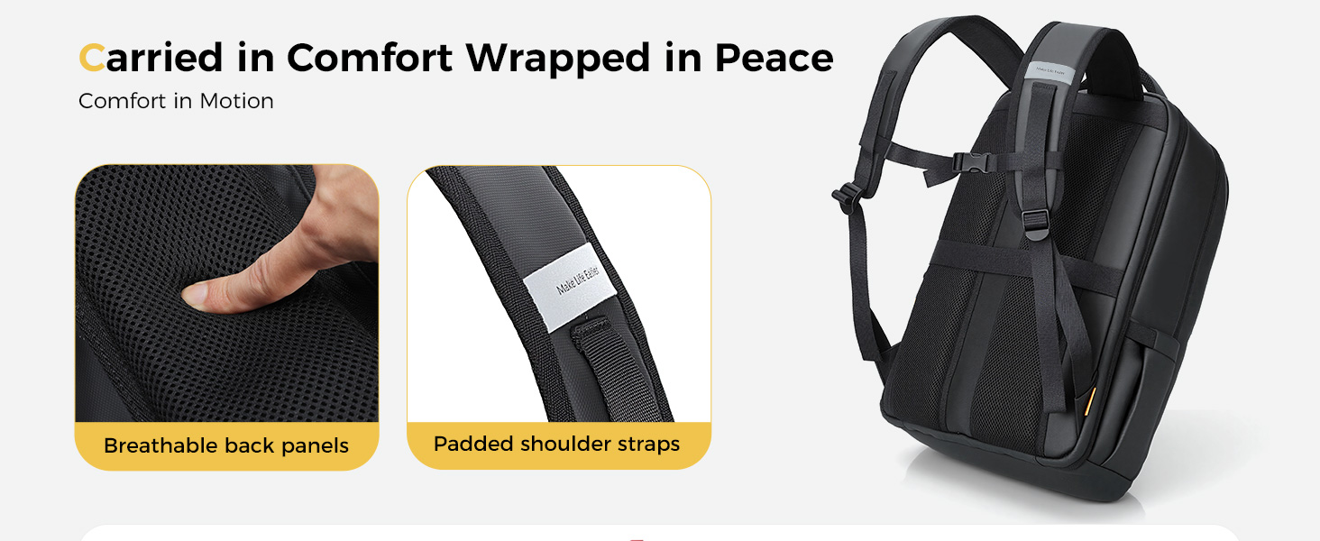 Text reads 'Carried in Comfort Wrapped in Peace' and 'Concealed back pockets' and 'Padded interior pockets'. Black tactical backpack with cushioned compartments and tan fabric detail shown.