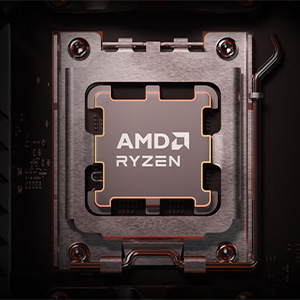 Text reads 'RYZEN' and 'AMD'. Close-up views of a CPU socket and processor, showing technical components and mounting points in dark, dramatic lighting.