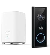 Black Eufy video doorbell with camera lens and illuminated blue ring button. Smartphone displays live video feed of person holding package at door.