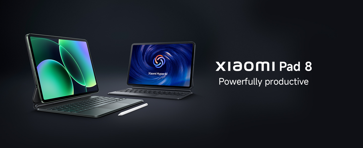 Text reads 'XIAOMI Pad 8'. Marketing image showing multiple views of a tablet device with keyboard attachment against dark background with blue accent lighting.