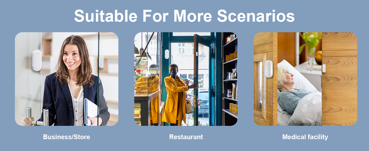 Four images showcasing different scenarios: business/office, restaurant, medical facility, and cleaning service.
