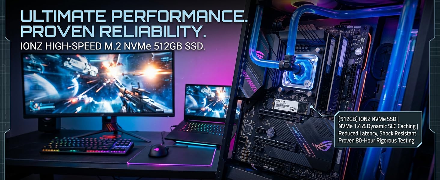 Text reads 'ULTIMATE PERFORMANCE. PROVEN RELIABILITY.' Gaming setup with illuminated blue PC case, dual monitors, keyboard and mouse on desk with ambient lighting.