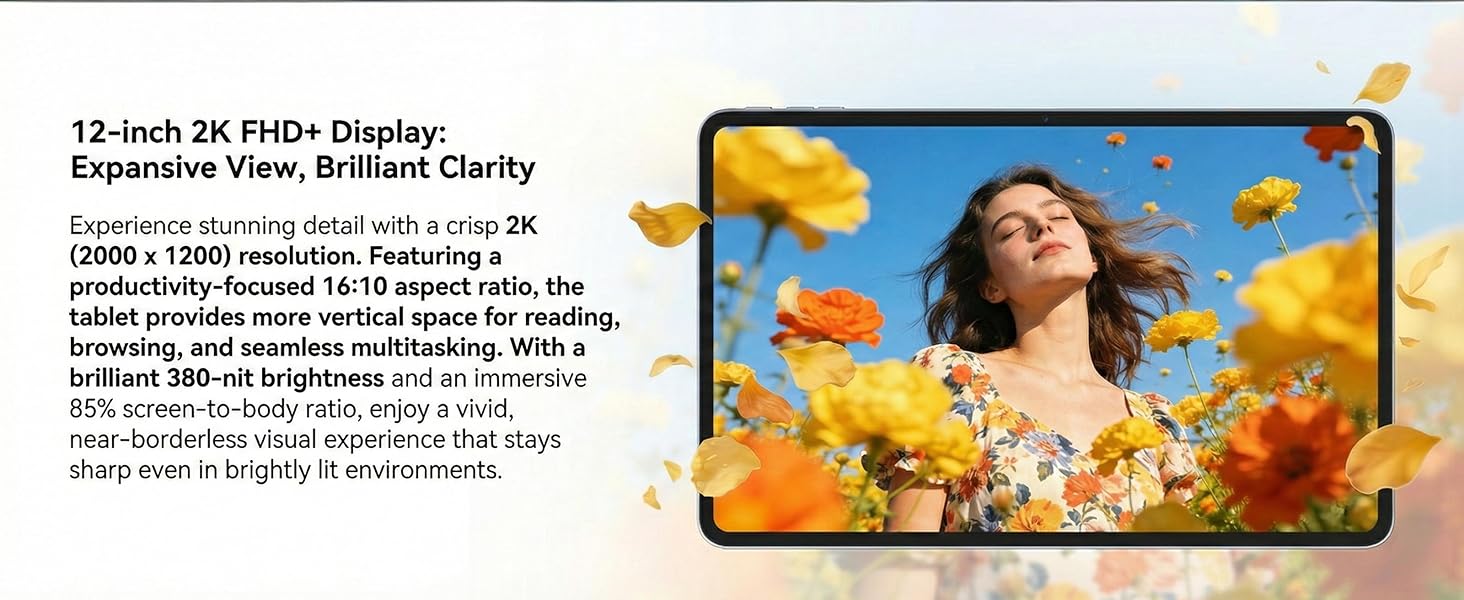 Text reads '12-inch 3k FILMS Display, Expandable View, Brilliant Clarity'. Several colorful product marketing images arranged in a horizontal layout.