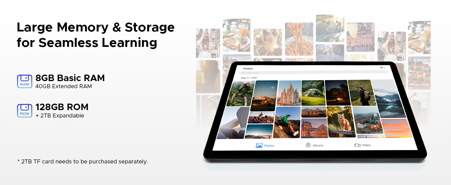 Text reads 'Large Memory & Storage for Seamless Learning'. Tablet device displaying grid of photos/images interface with storage capacity indicators shown.