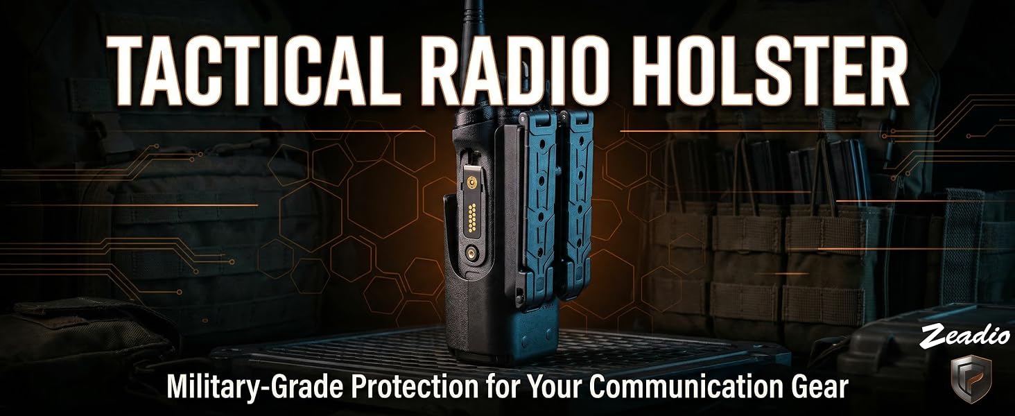 Text reads 'TACTICAL RADIO HOLSTER' and 'Military-Grade Protection for Your Communication Gear'. Dark promotional banner with tactical/military-style design elements.