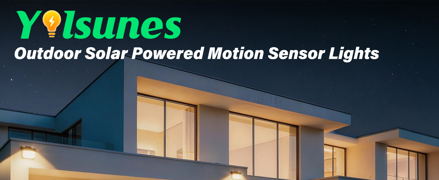 Text reads 'YOisunes' and 'Outdoor Solar Powered Motion Sensor Lights'. Dark storefront exterior with illuminated window displays showcasing solar-powered lighting system installation.