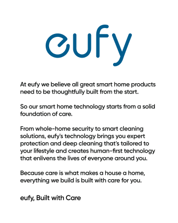 Blue 'eufy' logo on white background above text describing the company's smart home technology philosophy, emphasizing thoughtful design and care in product development.