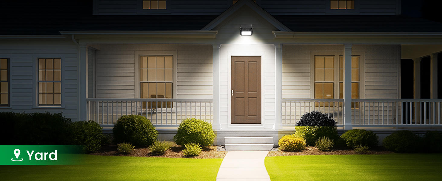 Text reads 'Image 5' and 'Yard'. White single-story house with front porch, illuminated entrance, and landscaped yard at night.