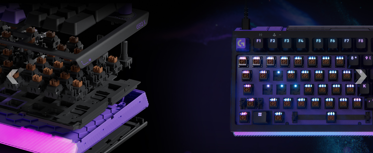 Close-up of computer keyboard illuminated with purple backlighting, alongside partial view of gaming mouse with similar purple lighting on dark surface.