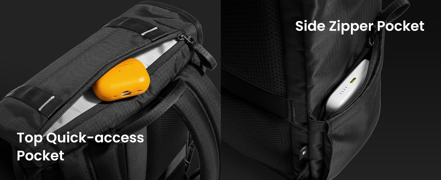 Text reads 'Top Quick-access Pocket' and 'Side Zipper Pocket'. Black backpack detail showing labeled pocket locations and access features.