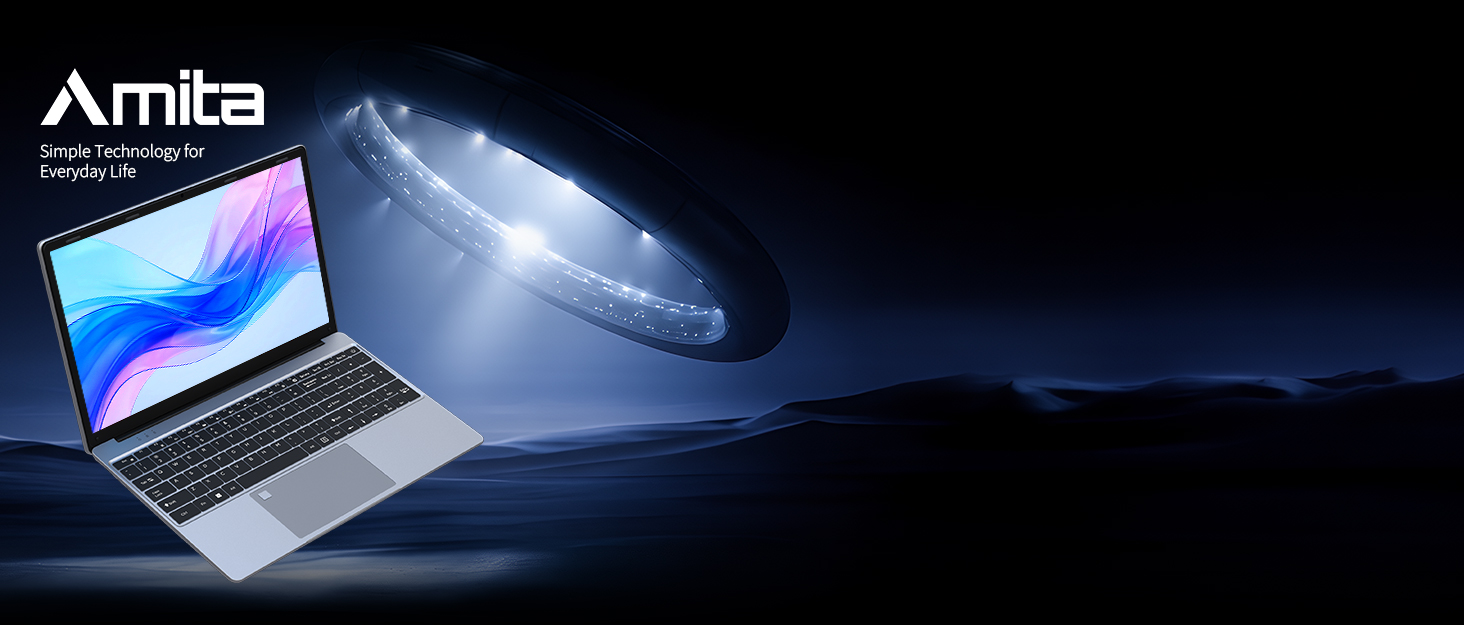 Text reads 'Amita'. Multiple views of a sleek laptop computer showing thin profile design and illuminated display in dramatic lighting against dark background.
