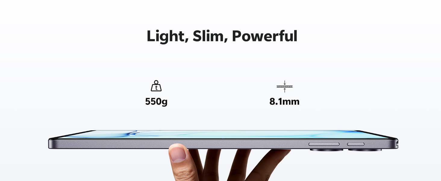 Text reads 'Light, Slim, Powerful'. Product image showing thin electronic device displayed from multiple angles with measurement indicators.