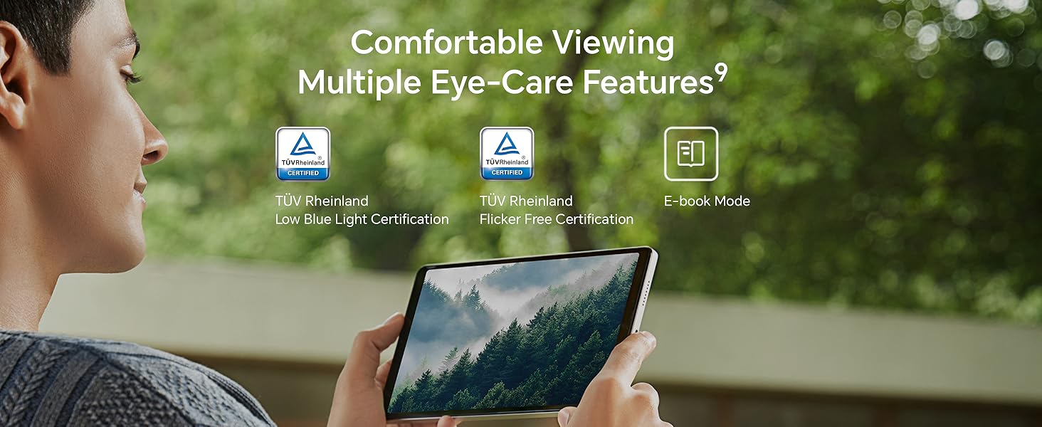 Text reads 'Comfortable Viewing Multiple Eye-Care Features'. Digital display or screen interface showing eye care feature icons in outdoor setting.