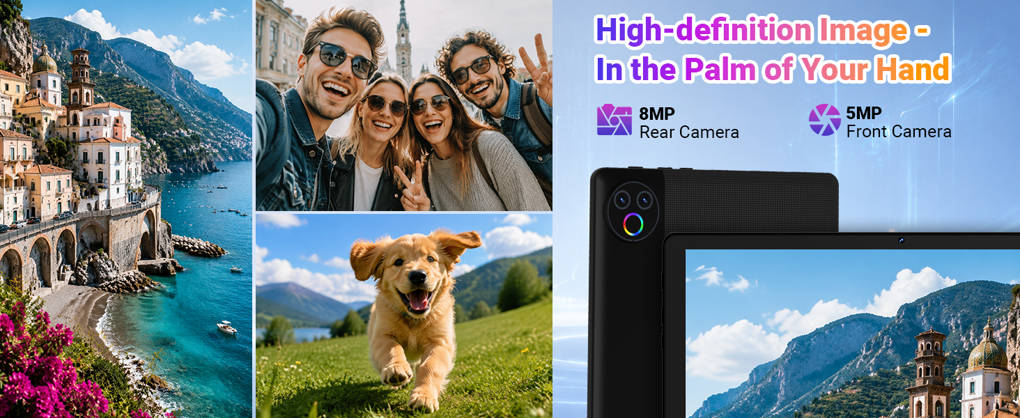 Text reads 'High-definition image in the Palm of Your hand', 'see the world clearer', '4K Photo'. Mountain landscape travel scene with couple and dog, featuring portable black digital device display.