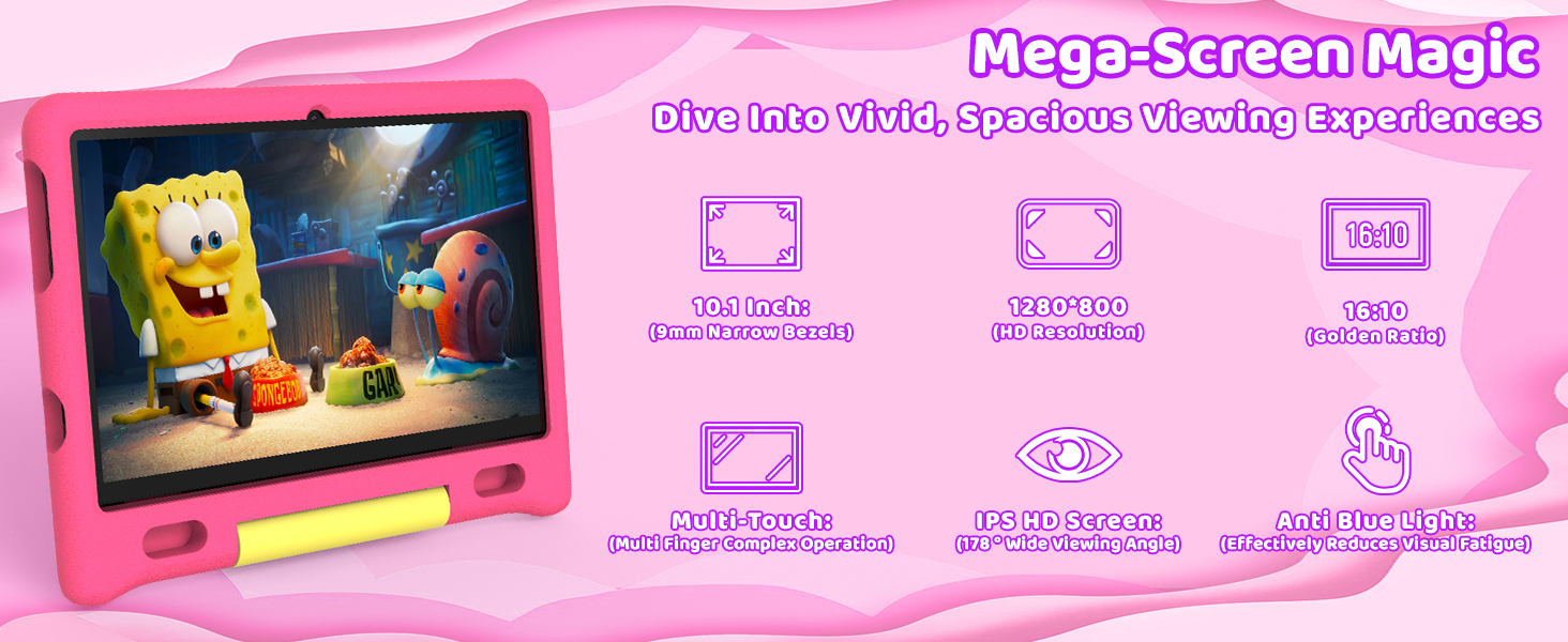 Text reads 'Magic Screen Magic Ultra-Slim Portable Display Screen'. Pink tablet device with animated character display showing seven feature icons for various functions.