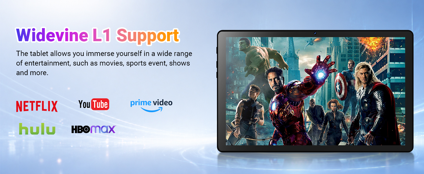 Text reads 'Widevine L1 Support' and lists 'NETFLIX', 'YouTube', 'amazon video', 'hulu', 'HBO MAX'. Tablet displaying streaming service logos and movie/TV content scenes.