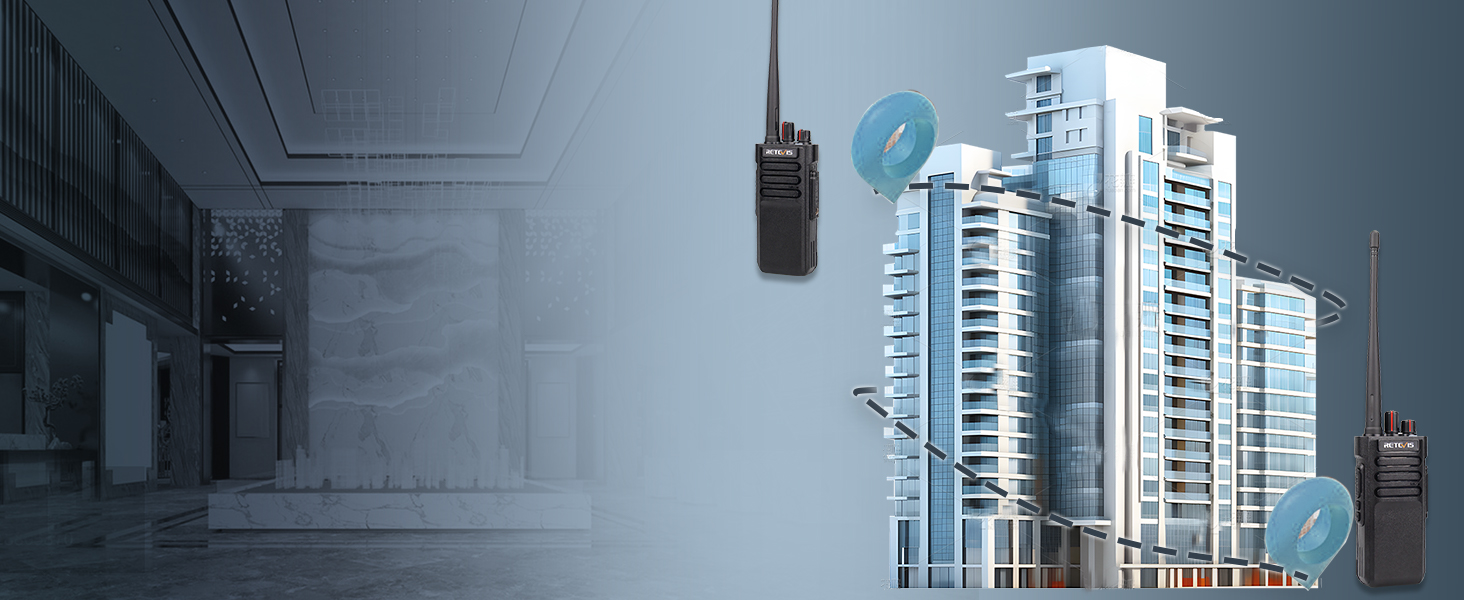 Handheld two-way radio against backdrop of modern high-rise buildings. Blue tinted image emphasizing communication in urban environment.