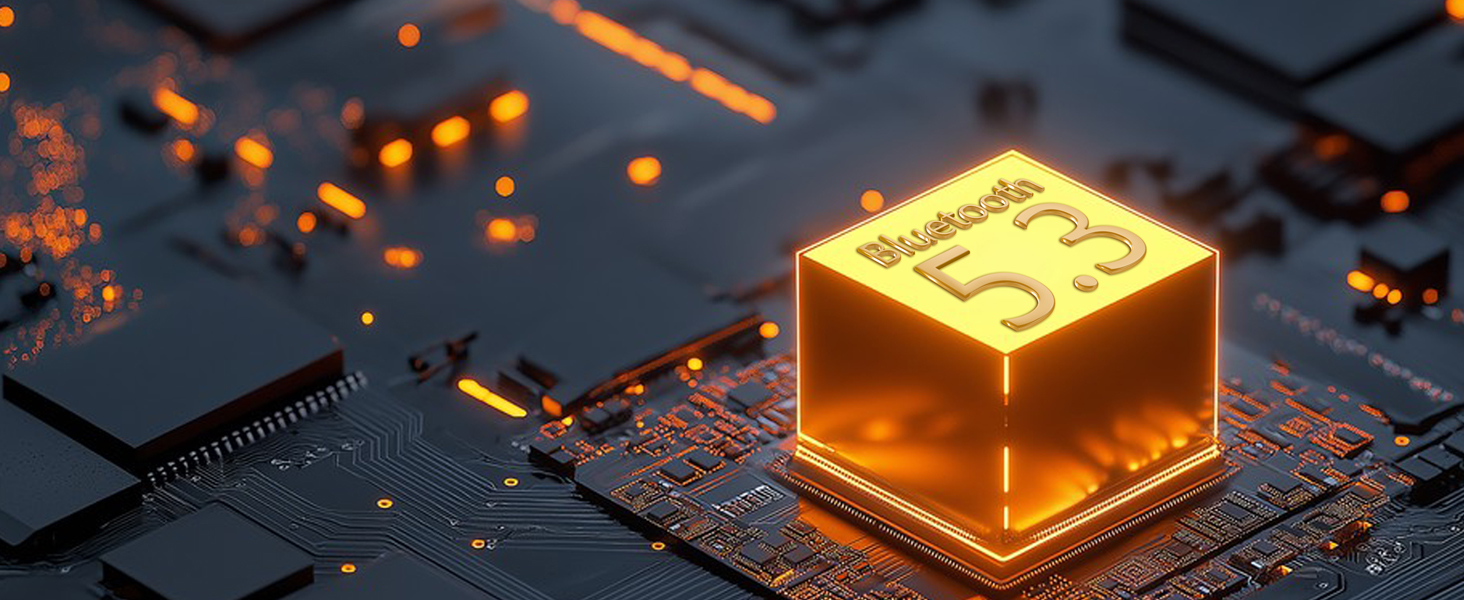 Close-up of a computer circuit board with an illuminated 5G processor chip glowing in bright orange against a dark blue background with circuit traces visible.