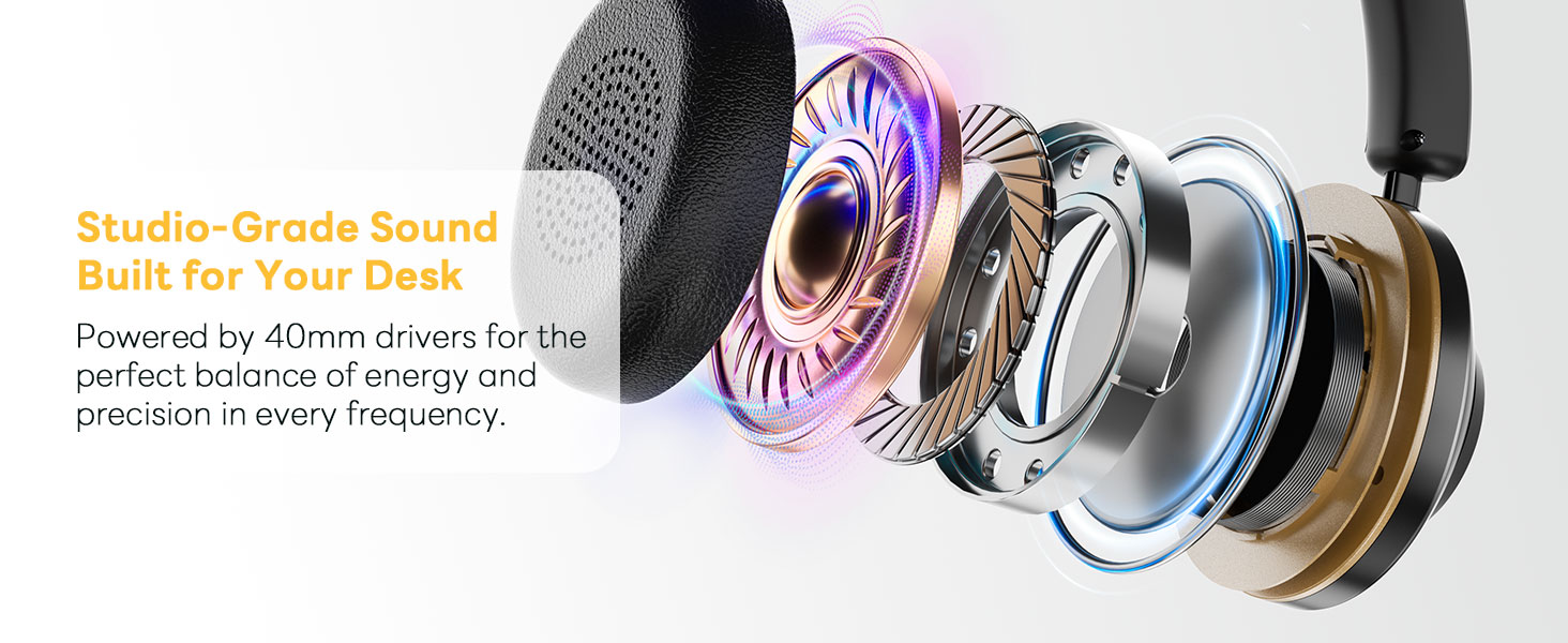 Text reads 'Studio-Grade Sound Built for Your Desk. Powered by 20mm drivers for the perfect balance of energy and precision in every frequency.' Exploded view of speaker components including drivers, magnets, cables, and acoustic chambers stacked vertically.