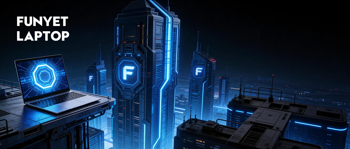 Text reads: 'FUNYET LAPTOP'. Futuristic cityscape at night with glowing blue accents, featuring a laptop with illuminated blue circular logo and tower-like structures with 'F' emblems.