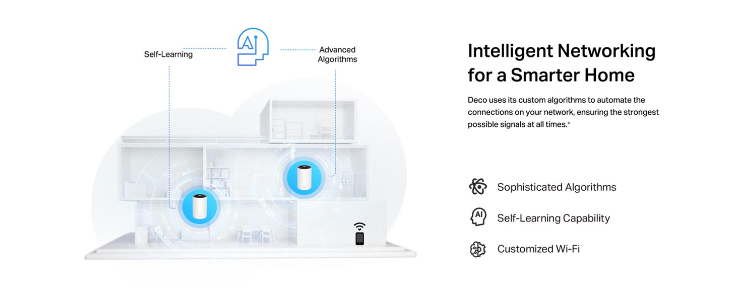 Text reads 'Intelligent Networking for a Smarter Home'. Technical diagram showing connected home devices with blue icons and white mesh network lines.