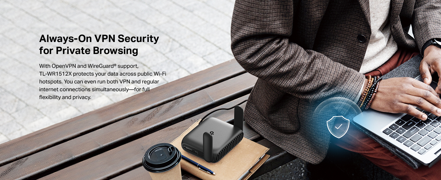 Text reads 'Always-On VPN Security' and 'for Private Browsing'. Marketing image showing laptop and technical interface elements.